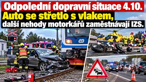 Odpolední dopravní situace: Auto se střetlo s vlakem, další nehody motorkářů zaměstnávají IZS