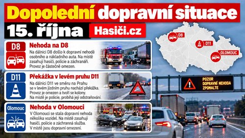 Dopolední dopravní situace 15. října: Nehody na D8 a v Olomouci, překážka v levém pruhu D11