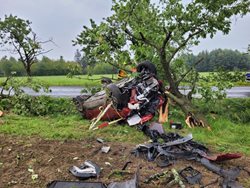 Vyprošťování řidičky renaultu na Opavsku, na který spadl strom