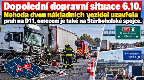 Ranní dopravní situace: Nehoda dvou nákladních vozidel uzavřela pruh na D11, omezení je také na Štěrboholské spojce