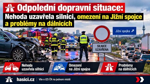 Odpolední dopravní situace: Nehoda uzavřela silnici, omezení na Jižní spojce a problémy na dálnicích
