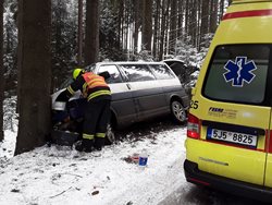 U Obrataně narazila dodávka do stromu, při nehodě se zranili dva lidé