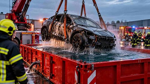 Hasiči ponoří celé auto do vody. Proč se při požáru elektromobilu používá neobvyklá metoda?