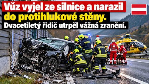 Vůz vyjel ze silnice a narazil do protihlukové stěny. Dvacetiletý řidič utrpěl vážná zranění