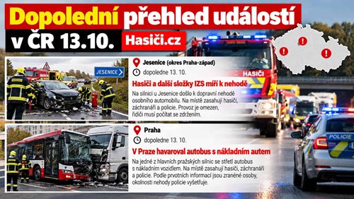 Dopolední přehled událostí v ČR: Hasiči a další složky IZS míří k nehodě u Jesenice