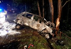 Osobní auto po nárazu do stromu zcela shořelo