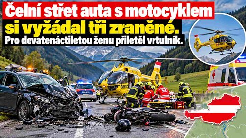 Auto se při odbočování čelně střetlo s motocyklem. Devatenáctiletou řidičku transportoval vrtulník