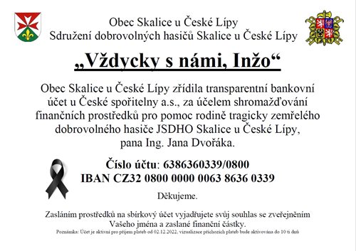 Oficiální finanční sbírka pro pomoc rodině dobrovolného hasiče a uctění jeho památky