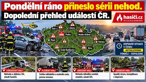 Pondělní ráno přineslo sérii nehod. U Čejče zasahuje IZS, silnice je uzavřena
