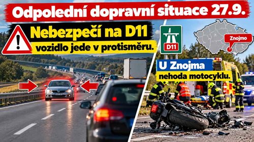 Odpolední dopravní situace: Pozor na vozidlo v protisměru na D11, u Znojma se střetlo auto s motocyklem