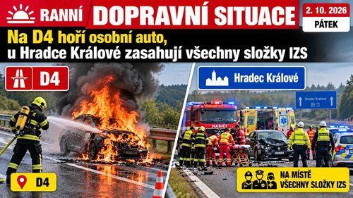 Ranní dopravní situace: Na D4 hoří osobní auto, u Hradce Králové zasahují všechny složky IZS