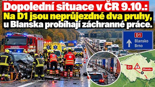 Dopolední situace v ČR: Na D1 jsou neprůjezdné dva pruhy, u Blanska probíhají záchranné práce
