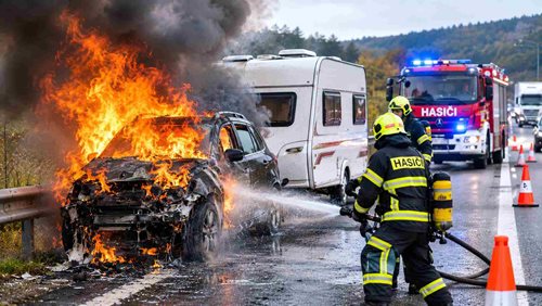 Sobotní dopolední přehled událostí v ČR. Na D1 hoří auto s karavanem, jinde zasahují záchranáři