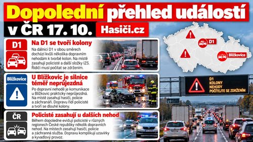 Dopolední přehled událostí v ČR 17.10,: Policisté zasahují u nehod, na D1 se tvoří kolony a u Blížkovic je silnice téměř neprůjezdná