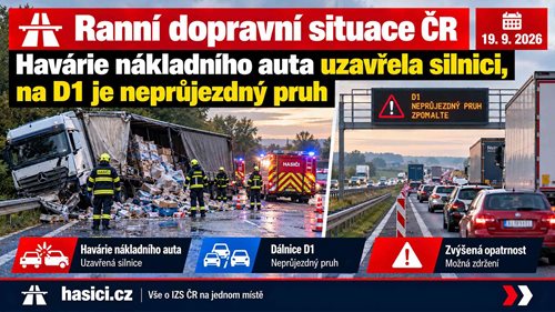 Ranní dopravní situace: Havárie nákladního auta uzavřela silnici, na D1 je neprůjezdný pruh