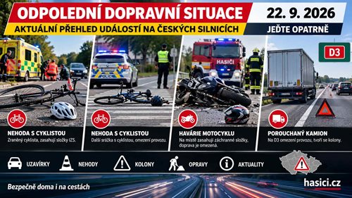 Odpolední dopravní situace: Dvě nehody s cyklisty, havárie motocyklu a porouchaný kamion na D3