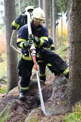 Požár lesa v Děčíně – Bynově. V těžko přístupném skalnatém terénu hasiči natáhli více než 20 kusů hadic 