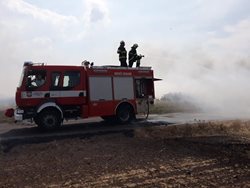 Požár pole u Chebu likvidovalo osm jednotek hasičů. Hašení výrazně komplikoval silný vítr, který stále měnil směr postupujícího požáru 