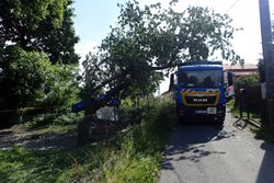 Hasiči z Karvinska likvidovali zlomený strom s drátem, opřený o popelářský vůz
