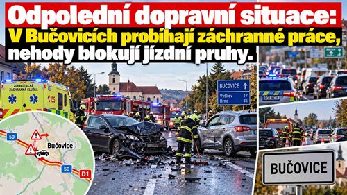 Odpolední dopravní situace: V Bučovicích probíhají záchranné práce, nehody blokují jízdní pruhy