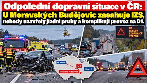 Odpolední dopravní situace v ČR: U Moravských Budějovic zasahuje IZS, nehody uzavřely jízdní pruhy a komplikují provoz na D1