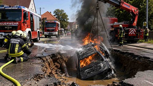 Auto se propadlo do podemleté silnice a začalo hořet. Řidič unikl na poslední chvíli
