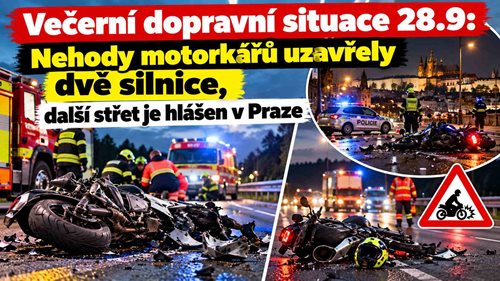 Večerní dopravní situace: Dvě silnice jsou po nehodách motorkářů uzavřeny, zasahují složky IZS