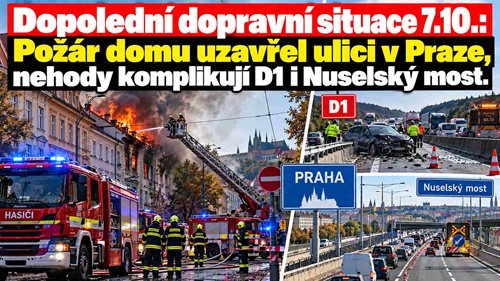 Ranní dopravní situace: Požár domu uzavřel ulici v Praze, nehody komplikují D1 i Nuselský most