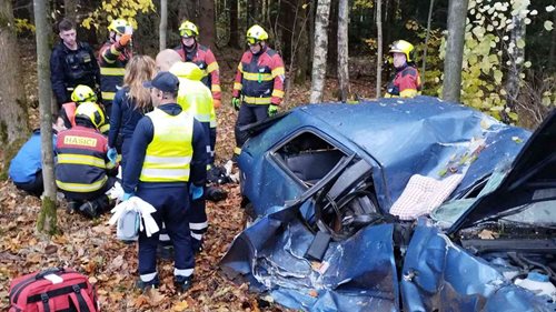Auto skončilo mimo silnici v hustém porostu. Hasiči museli prořezat cestu ke zraněnému řidiči