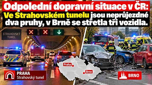 Odpolední dopravní situace v ČR: Ve Strahovském tunelu jsou neprůjezdné dva pruhy, v Brně se střetla tři vozidla