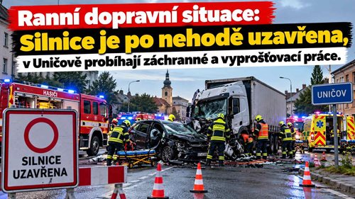 Ranní dopravní situace: Silnice je po nehodě uzavřena, v Uničově probíhají záchranné a vyprošťovací práce