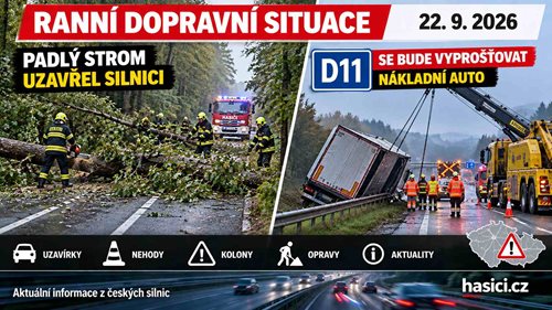 Ranní dopravní situace: Padlý strom uzavřel silnici, na D11 se bude vyprošťovat nákladní auto