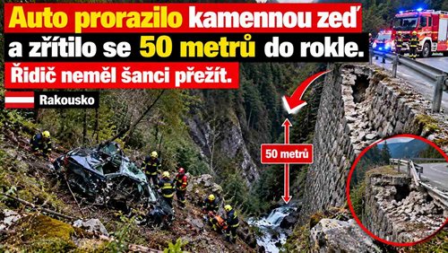 Auto prorazilo kamennou zeď a zřítilo se 50 metrů do rokle. Řidič neměl šanci přežít