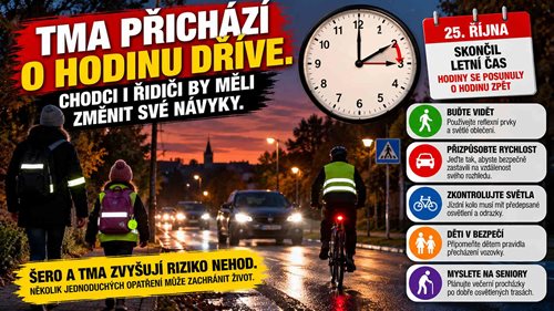 Tma přichází o hodinu dříve. Chodci i řidiči by měli změnit své návyky
