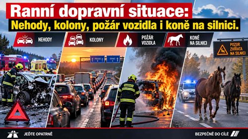 Ranní dopravní situace: Nehody, kolony, požár vozidla i koně na silnici
