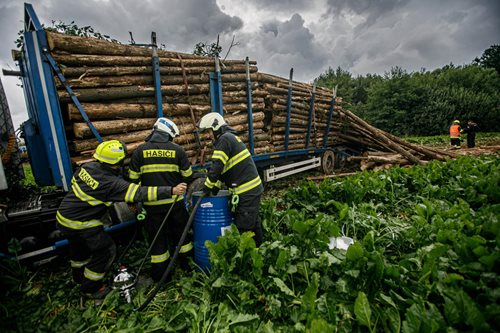Náklaďák se dřevem havaroval na silnici č. 33
