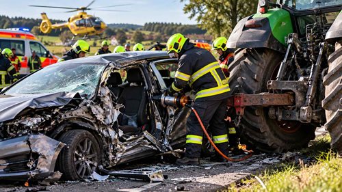 Auto se po střetu s traktorem roztrhlo na levé straně. Uvnitř byla i roční holčička