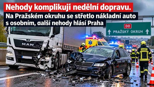 Nehody komplikují nedělní dopravu. Na Pražském okruhu se střetlo nákladní auto s osobním, další nehody hlásí Praha