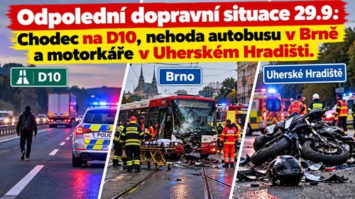 Odpolední dopravní situace: Na D10 se pohybuje chodec, v Brně se střetl autobus s autem