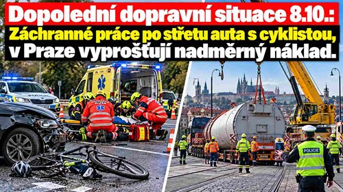 Ranní dopravní situace: Záchranné práce po střetu auta s cyklistou, v Praze vyprošťují nadměrný náklad