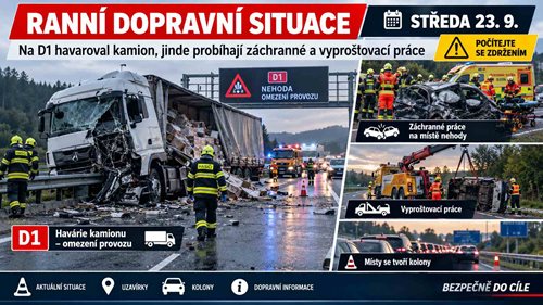 Ranní dopravní situace: Na D1 havaroval kamion, jinde probíhají záchranné a vyprošťovací práce