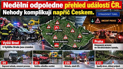 Nehody se zraněním i zásahy IZS. Na jihu Čech se střetla dvě auta, u Brna probíhají záchranné práce