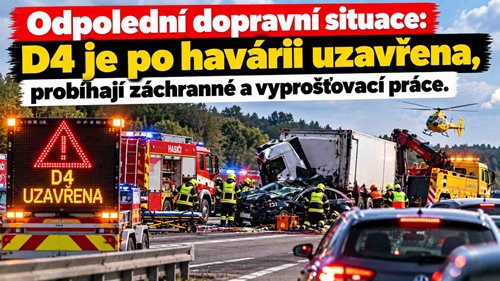 Odpolední dopravní situace: D4 je po havárii uzavřena, probíhají záchranné a vyprošťovací práce