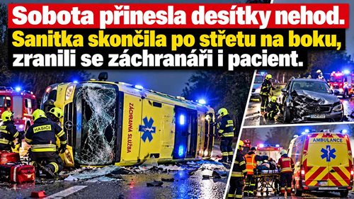 Sobota přinesla desítky nehod. Sanitka skončila po střetu na boku, zranili se záchranáři i pacient