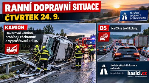 Ranní dopravní situace: Havaroval kamion, probíhají záchranné a vyprošťovací práce. Na D5 se tvoří kolony