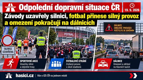 Odpolední dopravní situace: Závody uzavřely silnici, fotbal přinese silný provoz a omezení pokračují na dálnicích