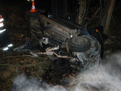 Večerní nehoda auta s nárazem do stromu, který se vyvrátil a zlomil, s vyproštěním řidičky v Jihočeském kraji