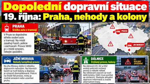Dopolední dopravní situace 19. října: V Praze se srazilo auto s tramvají, nehody komplikují provoz na jihu Moravy