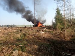 Požár harvestoru v lese na Bruntálsku