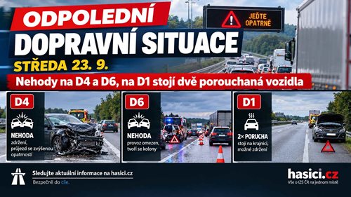 Odpolední dopravní situace: Nehody na D4 a D6, na D1 stojí dvě porouchaná vozidla